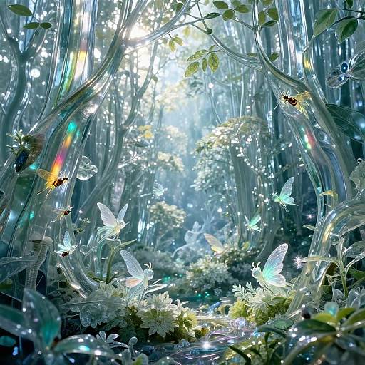 Whimsical forest scene in digital art: glowing blue butterflies, transparent trees, rainbows, white flowers, and sunlight filtering through.