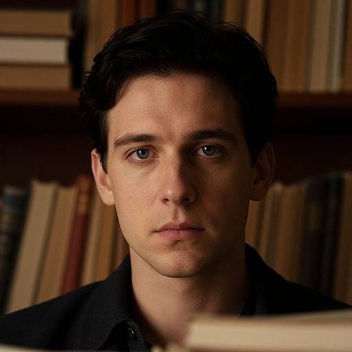 Photograph of a serious-looking young man with short dark hair, blue eyes, and fair skin, wearing a black shirt, standing in front of a