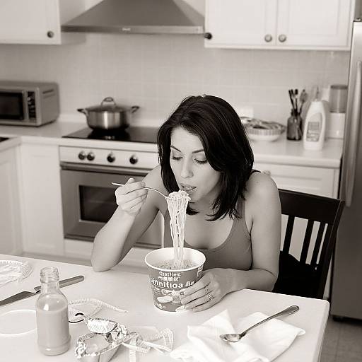 Black-and-white photograph of a woman with black hair eating spaghetti from a 