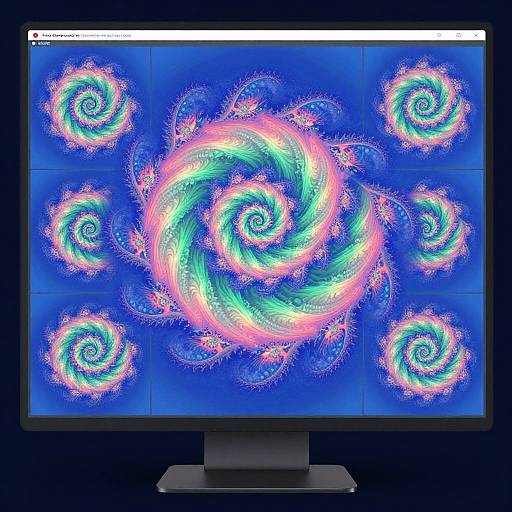 Photograph of a computer screen displaying a vibrant, psychedelic blue background with six glowing, swirling, neon pink and green patterns.