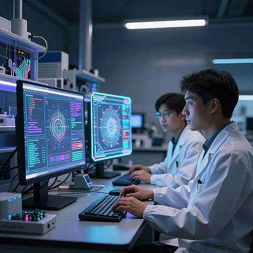 Photograph of three Asian male engineers in white lab coats, intensely focused on computer screens displaying colorful technical data, in a modern, dimly lit,