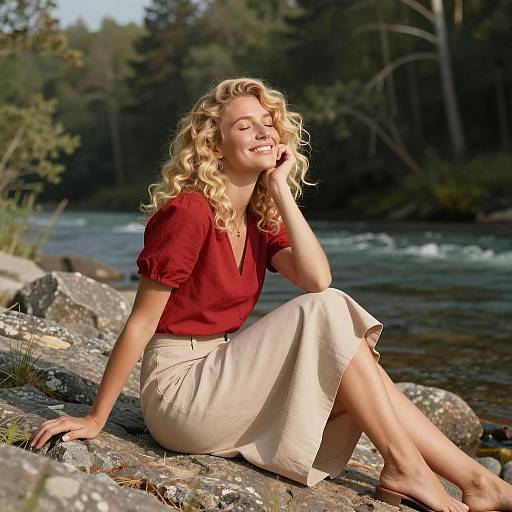 Smiling Woman on Rocky Shoreline