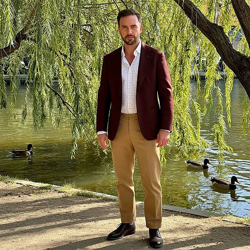 Photograph of a bearded man with short dark hair, wearing a burgundy blazer, white shirt, and beige pants, standing by a serene