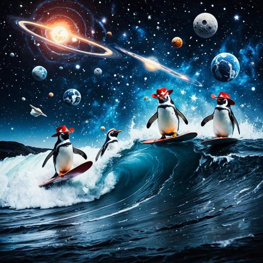 Surreal Penguins Surfing Cosmic Waves
