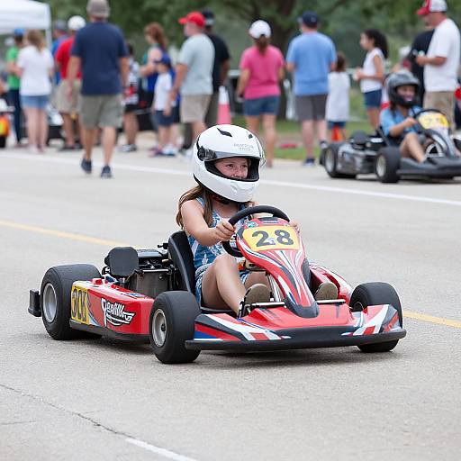 Photograph of a young girl in a white helmet and blue dress racing a red go-kart with number 23, surrounded by spectators on a street