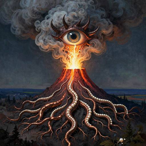 Surreal digital artwork of a volcano with a single glowing eye at the top, fiery roots, and smoke-filled sky.