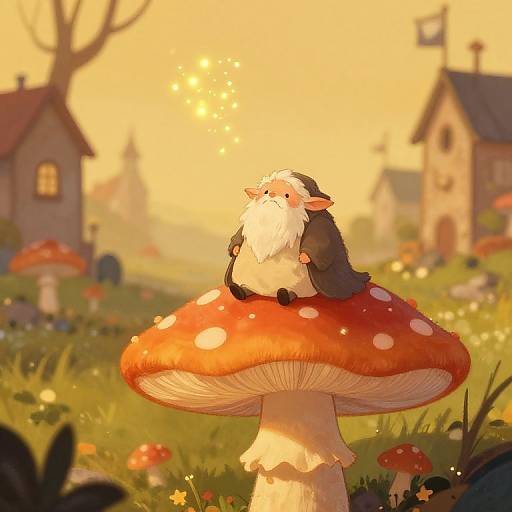 Digital artwork: Chubby, white-bearded wizard with black robe sitting on large red-spotted mushroom in sunlit, whimsical forest with glowing houses