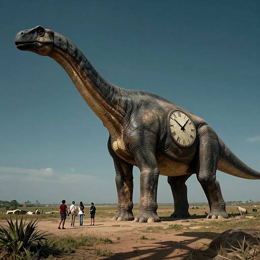 Photograph of a giant, metallic, dinosaur statue with a clock on its side, standing in a grassy field, under a clear blue sky.