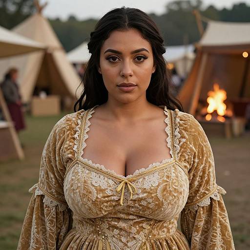 Photograph of a curvy woman with dark hair, large breasts, wearing an ornate, gold velvet dress, standing in a campsite with tents