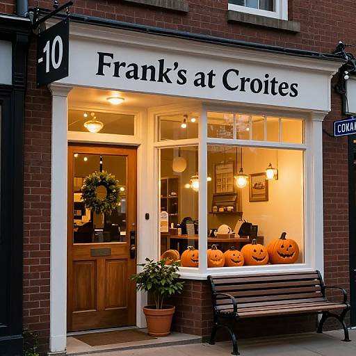 Cozy Illuminated Storefront with Halloween Decor