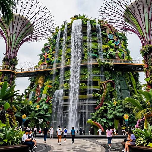 Photograph of a vibrant, tropical-themed indoor waterfall at a modern atrium, with people walking below, surrounded by lush greenery and towering palm-like