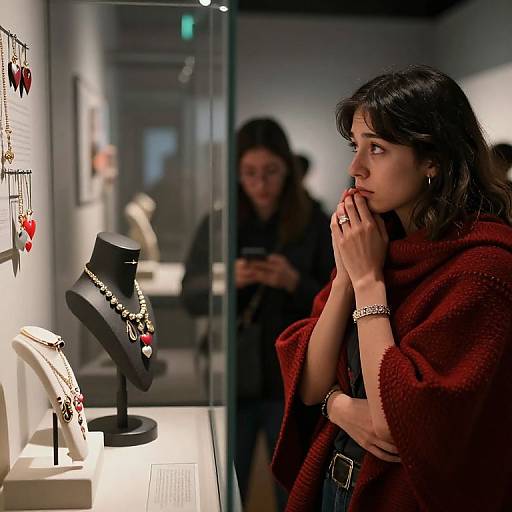 Photograph of a woman in a red sweater, hands to her lips, admiring jewelry in a well-lit store display, with another shopper blurred