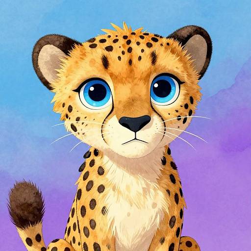 Cute, cartoon-style digital drawing of a wide-eyed, blue-eyed cheetah with fluffy fur and black spots against a gradient blue-purple background.
