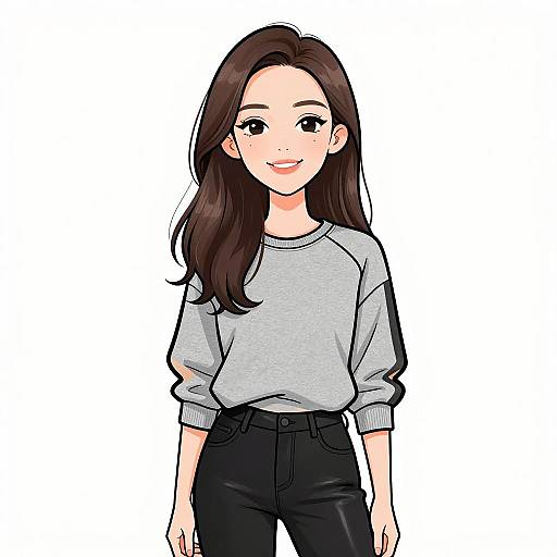 Digital anime-style drawing of a smiling young woman with long brown hair, wearing a gray sweater and black pants, standing against a white background.