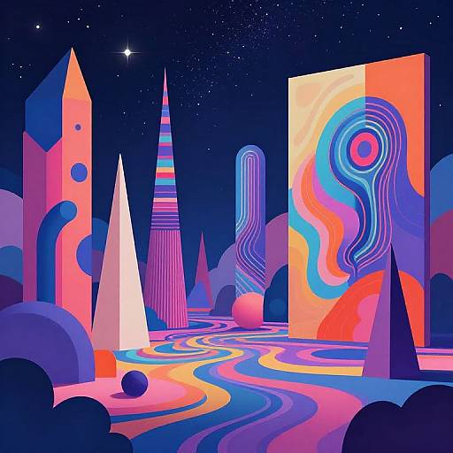 Vibrant digital artwork of a surreal, abstract landscape with neon-colored geometric shapes, swirling patterns, and a starry night sky.