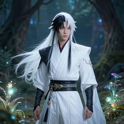 Photograph of an Asian male cosplayer with long black-and-white hair, wearing a white kimono with black trim and belt, standing in a mystical