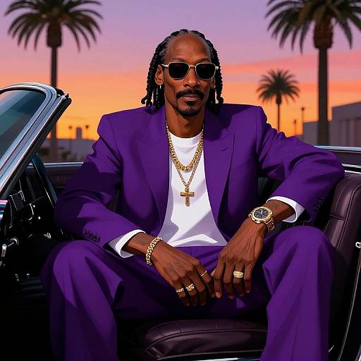 Photograph of a confident Black man with dreadlocks, wearing a purple suit, white shirt, sunglasses, gold chains, and rings, sitting in a