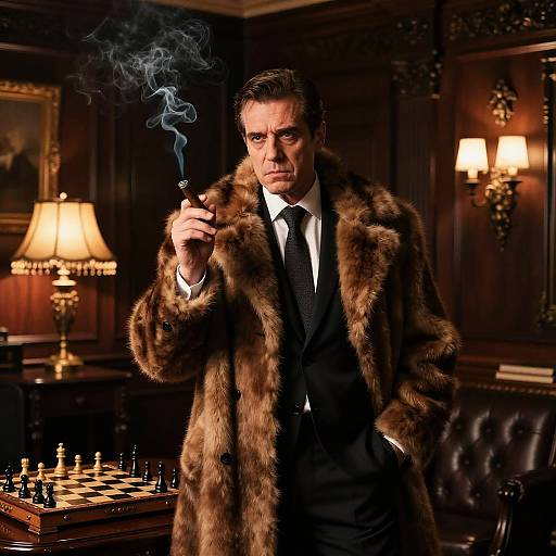 Photograph of a serious man in a fur coat, black suit, and tie, holding a smoking cigar in a dimly lit, elegant study with