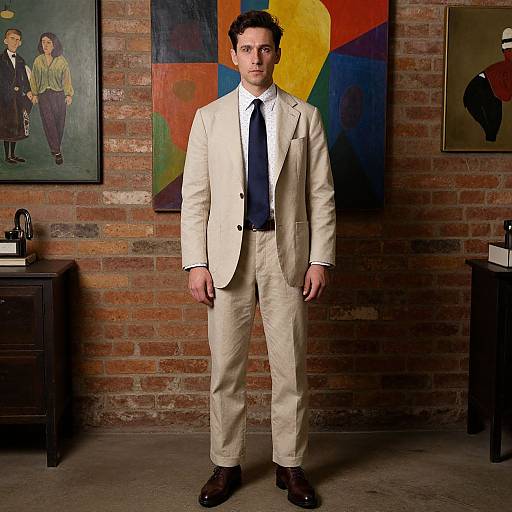 Photograph of a man in a beige suit, white shirt, and black tie, standing in front of a brick wall with abstract paintings.