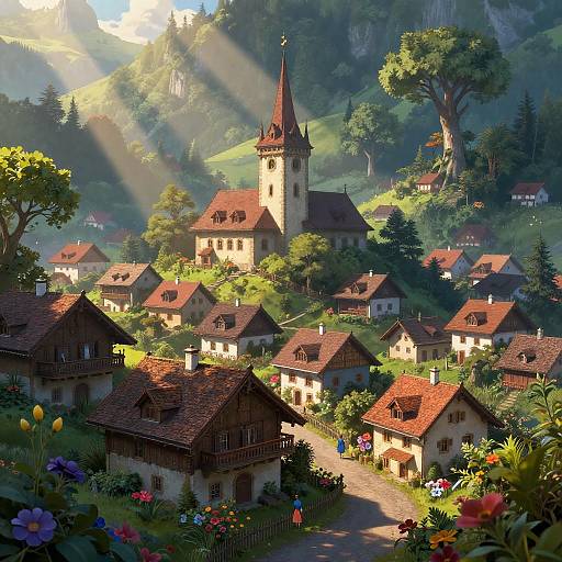 Ornate Swiss Medieval Village Scene