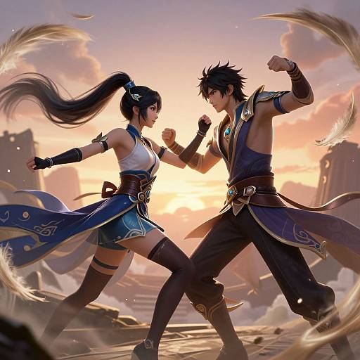 Digital anime artwork of a dynamic duel between a determined female warrior and a fierce male fighter at sunset, surrounded by swirling energy.