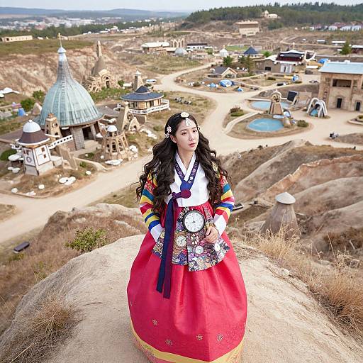 Photograph of a young Asian woman with long black hair, wearing a colorful traditional Korean hanbok, standing on a rocky hilltop overlooking a rural