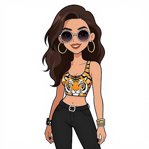 Stylish Woman in Tiger Print Top and Sunglasses