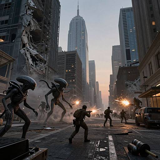 Photograph-style CGI: Alien creatures in a dystopian, smoky city street, firing guns at human soldiers, with towering skyscrapers and sunset