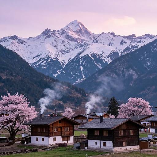 Photograph of wooden Alpine houses with smoke rising, surrounded by pink cherry blossoms, and snow-capped mountains in the background.
