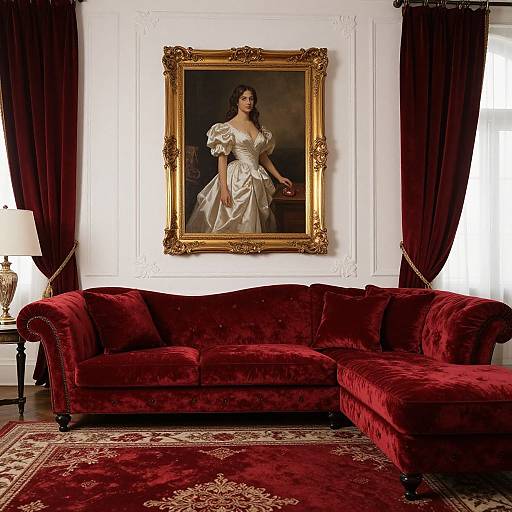 Elegant living room with a red velvet sofa, ornate gold-framed portrait, red curtains, and a patterned red carpet. Photograph.