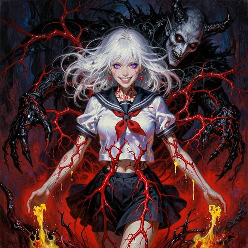 Digital anime artwork: White-haired girl with purple eyes, school uniform, red bow, surrounded by black tendrils, red veins, and a menacing gray