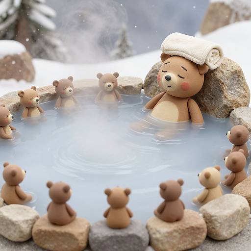 CGI image of a blushing bear with a white towel on head, relaxing in a hot spring surrounded by smaller brown bears.