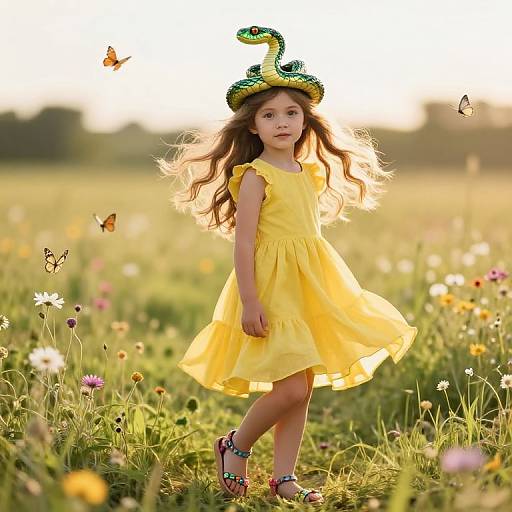 Photograph of a young Asian girl in a yellow dress and snake hat, standing in a sunlit meadow with butterflies, wildflowers, and a