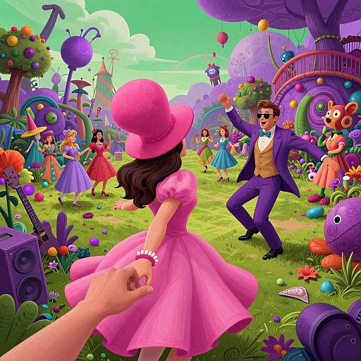 Whimsical CGI image: Pink-dressed girl in wide hat, purple-suited man dancing in colorful, surreal garden with flowers, balloons, and
