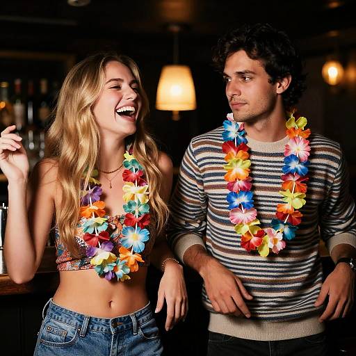 Young Couple with Floral Leis in Dimly Lit Bar