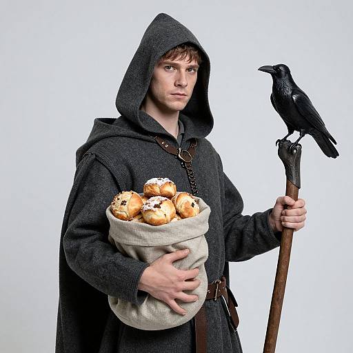 Photograph of a young man in a dark hooded cloak, holding a sack of golden eggs and a staff with a black crow. White background.
