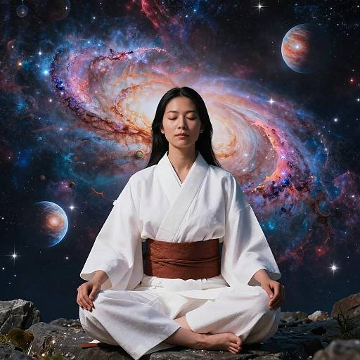 Photograph of an Asian woman in a white kimono with brown obi, meditating cross-legged against a cosmic galaxy backdrop with planets.