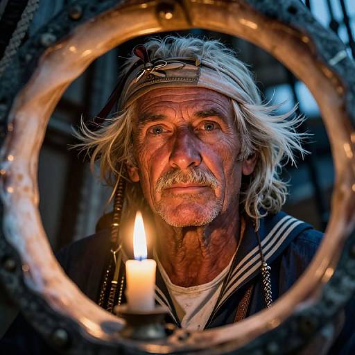 Photograph of an elderly, weathered man with white hair and mustache, illuminated by a candle, framed by a rustic metal circle. Dramatic