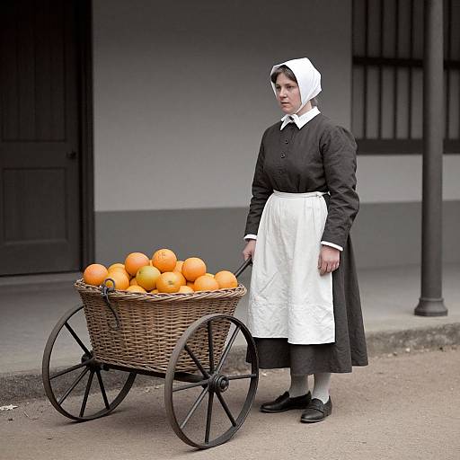 Photograph of a Victorian-era woman in black dress and white apron, standing beside a wicker wheelbarrow filled with oranges, outdoors.
