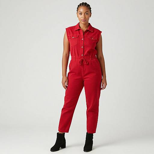 Photograph of a confident black woman with braided hair wearing a sleeveless red jumpsuit and black ankle boots, standing against a white background.