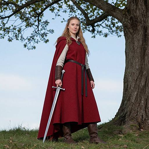 Photograph of a blonde woman in medieval attire, red cloak, white shirt, brown leather gloves, boots, holding a sword, standing under a large