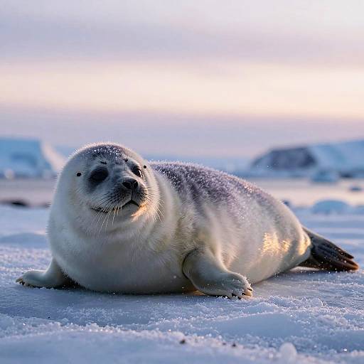 Photograph of a fat, grey seal with wet fur lying on icy, snow-covered ground at dawn, with a blurred, colorful horizon in the background