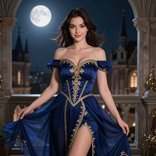 Photograph of a beautiful woman with long dark hair, wearing an off-shoulder, dark blue, ornate dress with gold embroidery and a red