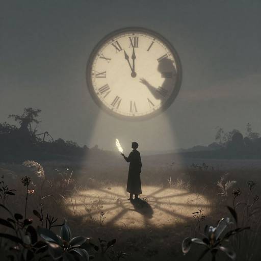 Silhouetted figure with glowing sword stands before giant, illuminated clock in dark, misty field; clock's shadow on grass. Digital art.