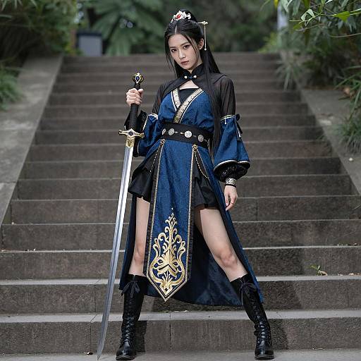 Asian Woman Warrior in Ornate Blue Dress with Sword
