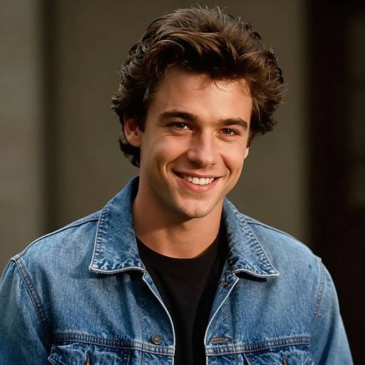 Photograph of a young man with curly dark hair, smiling, wearing a blue denim jacket over a black shirt, against a blurred dark background.