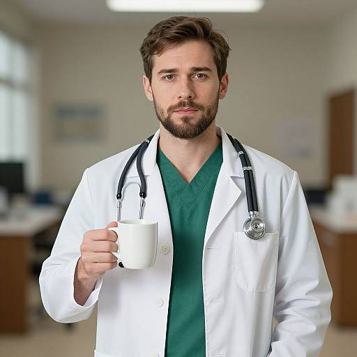 Photograph of a bearded male doctor with brown hair, wearing a white coat over green scrubs, holding a white mug, stethoscope around