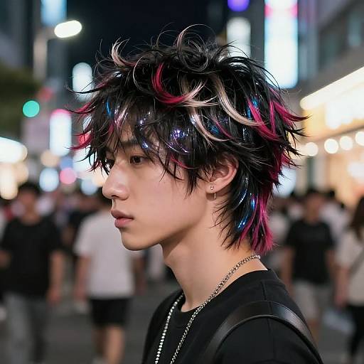 Photograph of an Asian young man with messy black and pink-streaked hair, wearing a black shirt, standing in a brightly lit, crowded urban