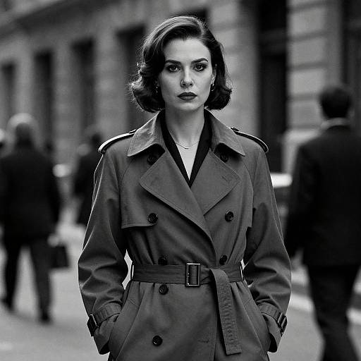 Black-and-white photograph of a serious, dark-haired woman in a belted trench coat, standing on a blurred city street.