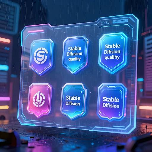 Neon-lit digital screen in a rainy cityscape showing 